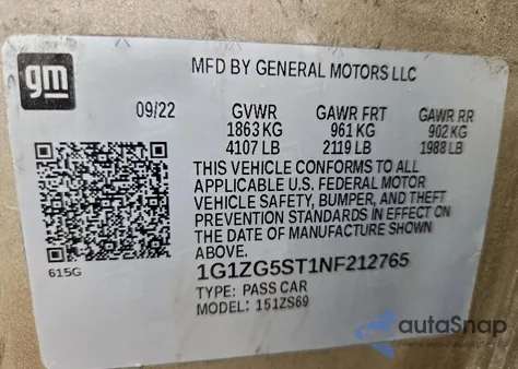 2022 Chevrolet Malibu Rs z USA, uszkodzony, nr VIN 1G1ZG5ST1NF212765